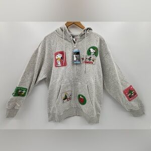 Peanuts Snoopy & Friends Womens Christmas Multi Patch Full Zip Hoodie L NWT